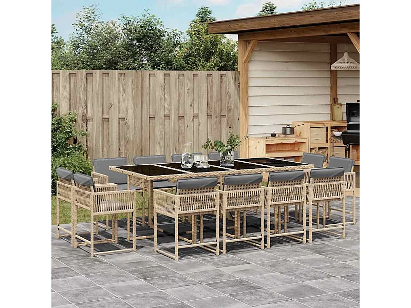 Ensemble à manger de jardin coussins 13 pcs mélange beige rotin