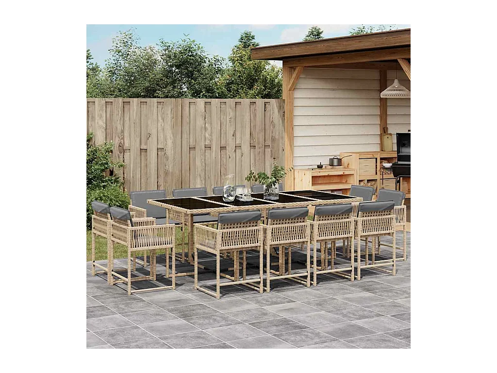 Ensemble à manger de jardin coussins 13 pcs mélange beige rotin