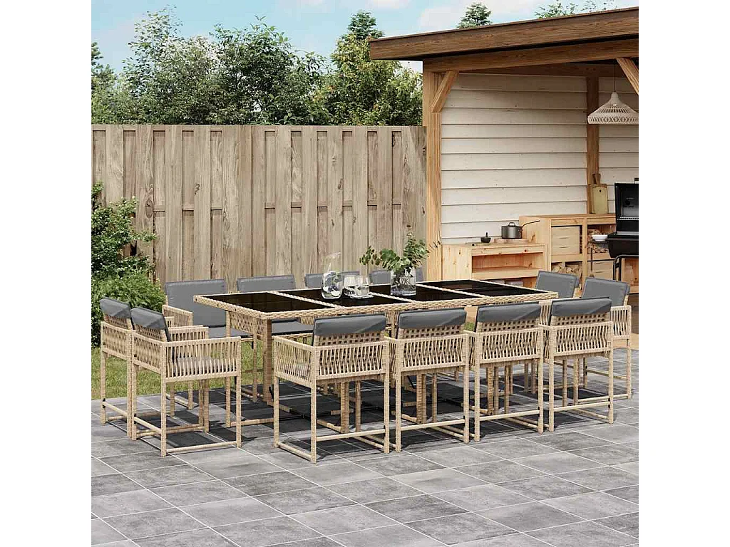 Set Pranzo da Giardino 13 pz con Cuscini Beige Misto Polyrattan
