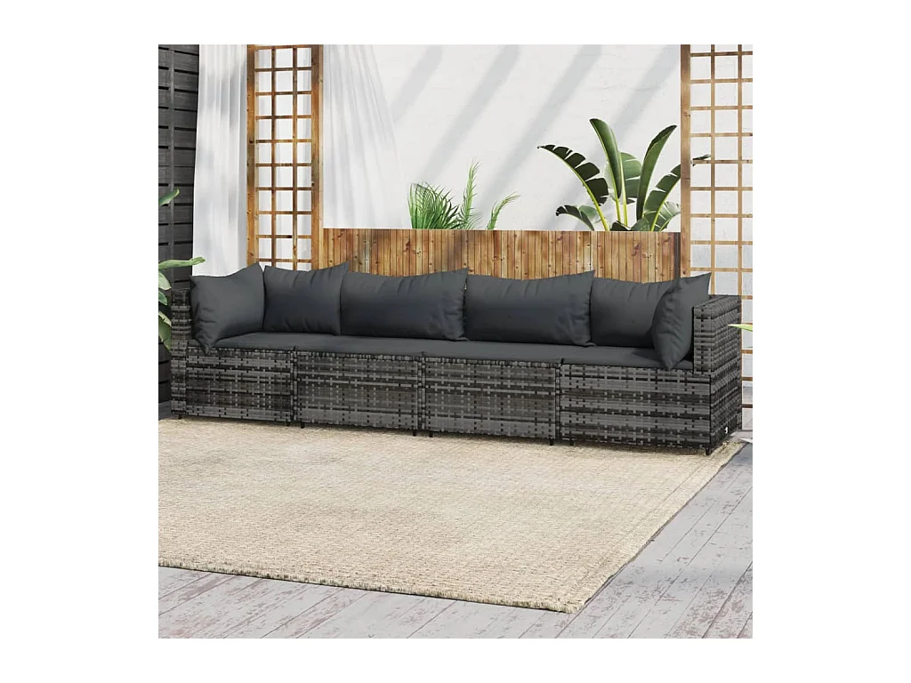 Salon de jardin 4 pcs avec coussins Gris Résine tressée