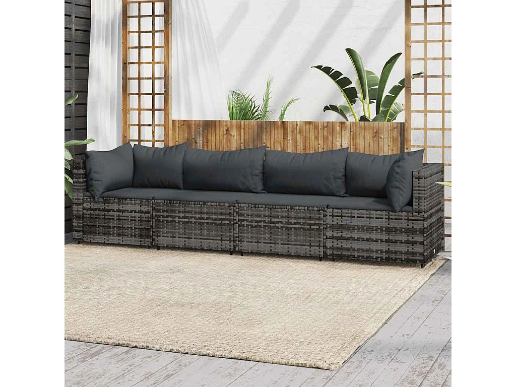 Set Divani da Giardino 4 pz con Cuscini in Polyrattan Grigio