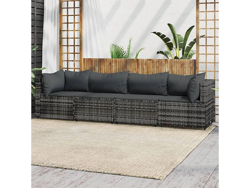 Salon de jardin 4 pcs avec coussins Gris Résine tressée