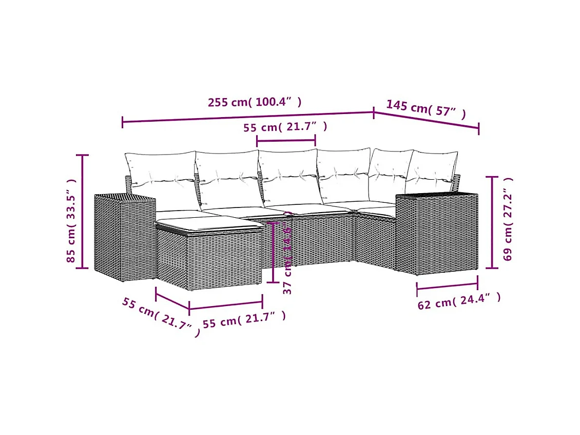 Salon de jardin avec coussins 6 pcs marron résine tressée
