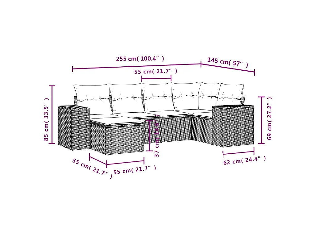 6-delige Loungeset met kussens poly rattan bruin