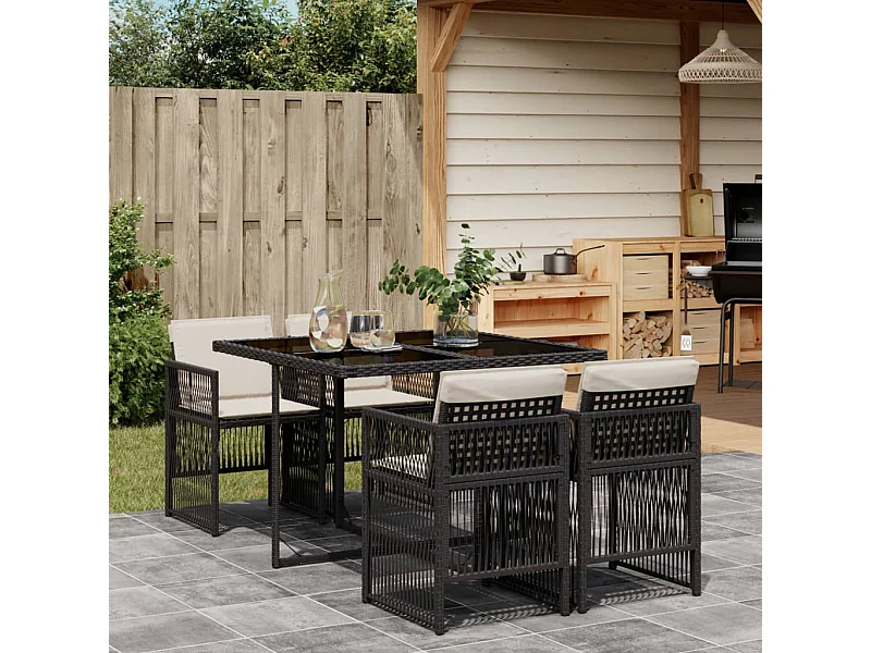 Ensemble à manger de jardin coussins 5pcs Noir Résine tressée