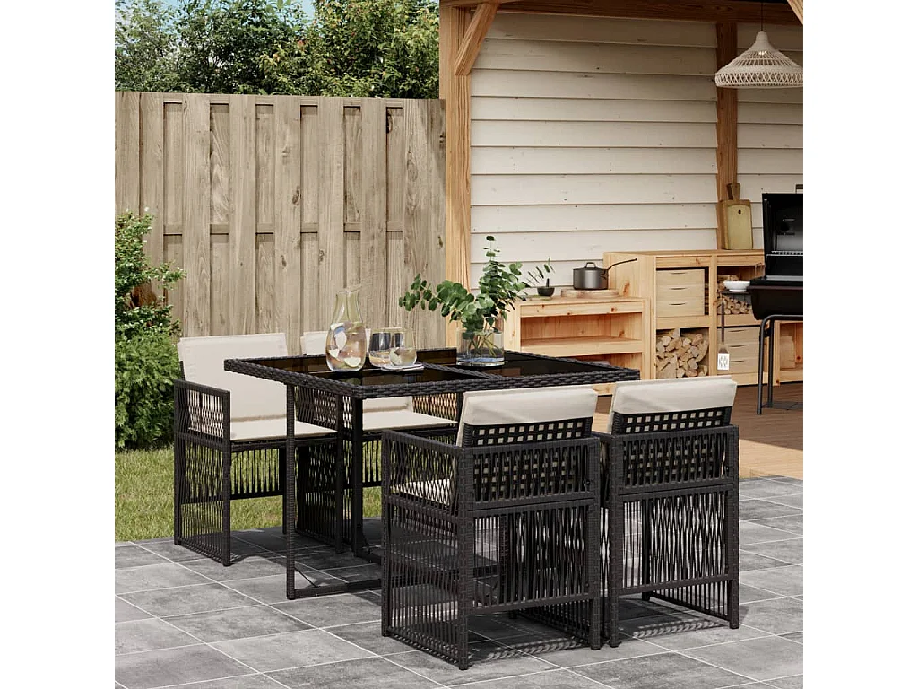 Ensemble à manger de jardin coussins 5pcs Noir Résine tressée