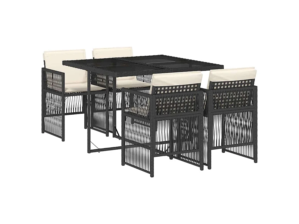 5 pcs conjunto de jantar p/ jardim c/ almofadões vime PE preto