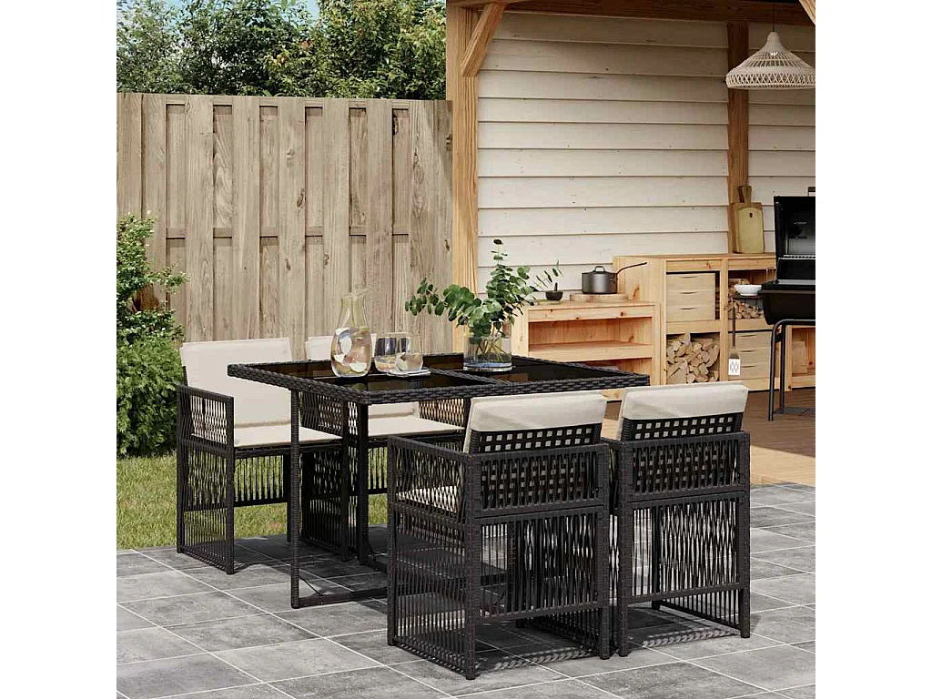 5 pcs conjunto de jantar p/ jardim c/ almofadões vime PE preto