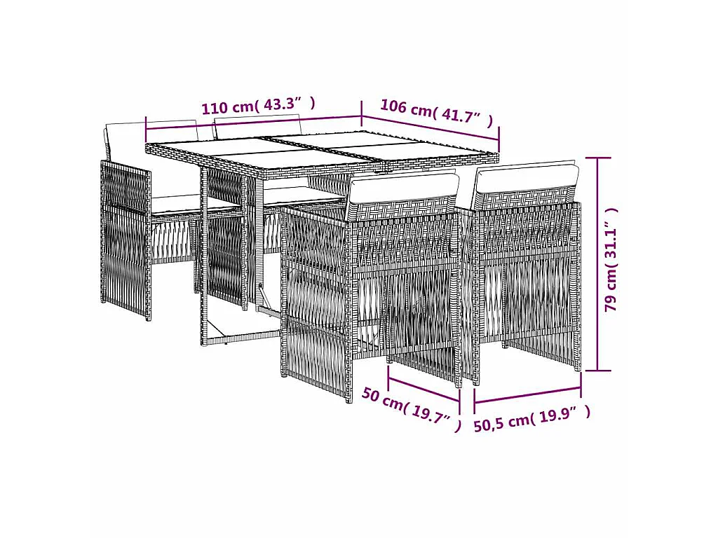 Set da Pranzo da Giardino 5 pz Nero con Cuscini in Polyrattan