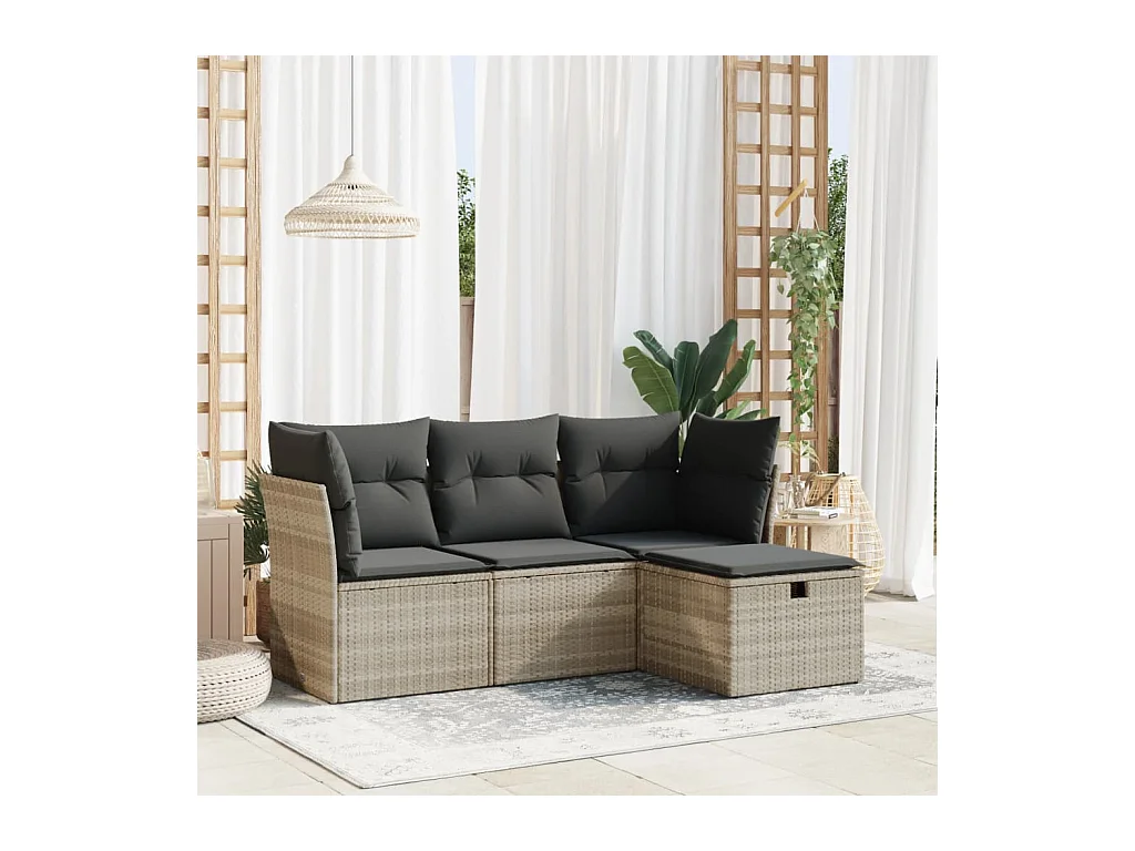 Salon de jardin 4 pcs avec coussins gris clair résine tressée