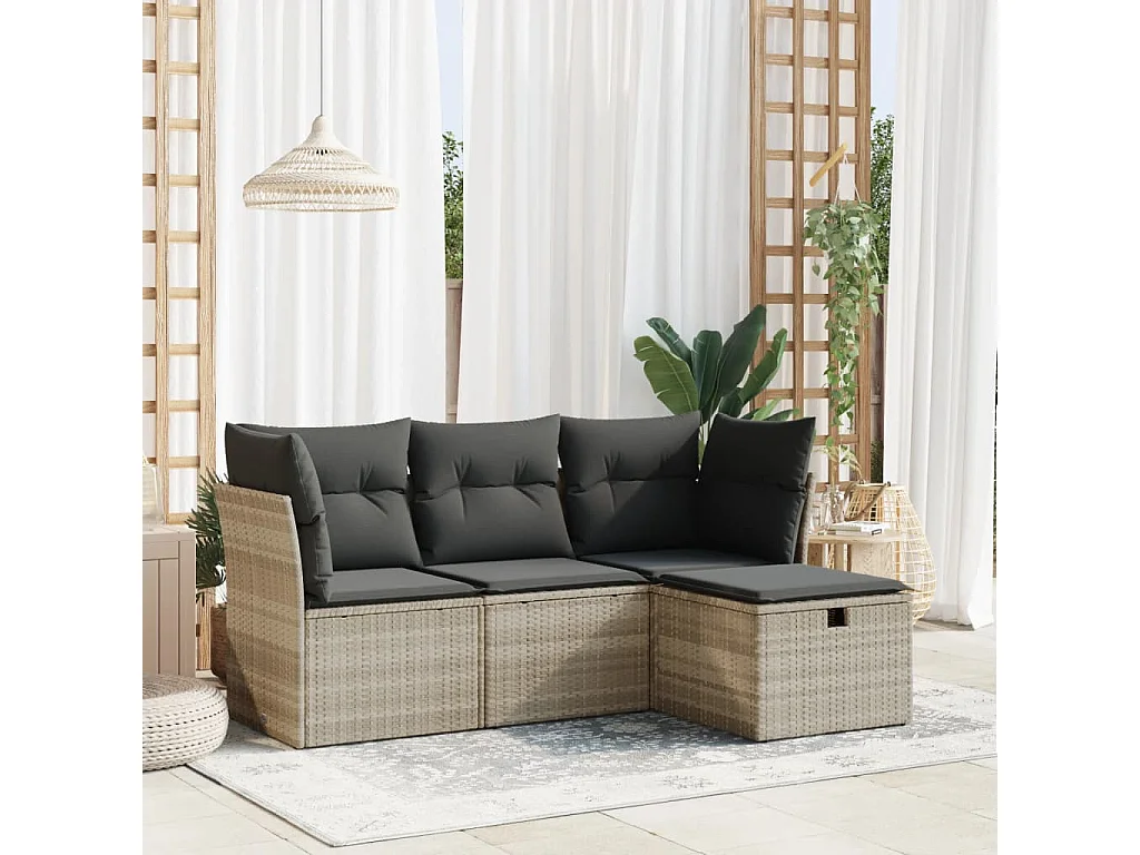 4-delige Loungeset met kussens poly rattan lichtgrijs