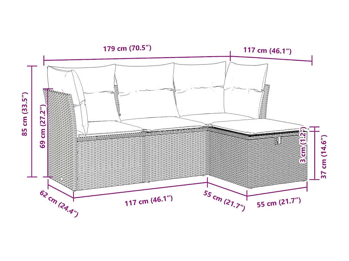 4-delige Loungeset met kussens poly rattan lichtgrijs