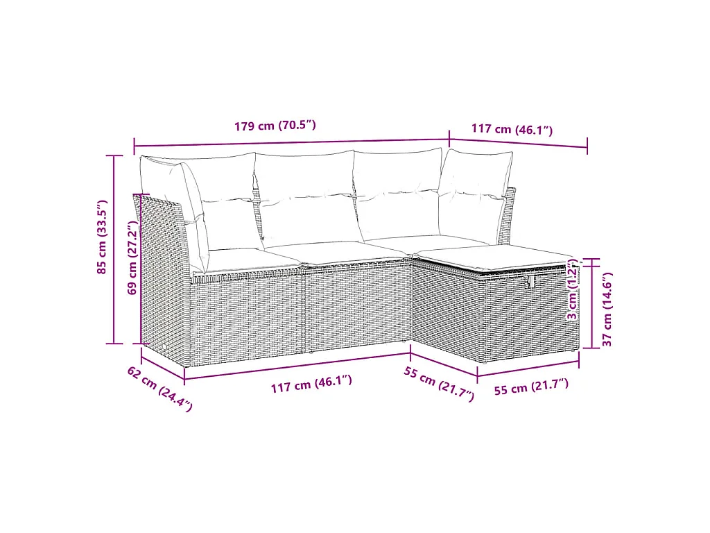 4-delige Loungeset met kussens poly rattan lichtgrijs