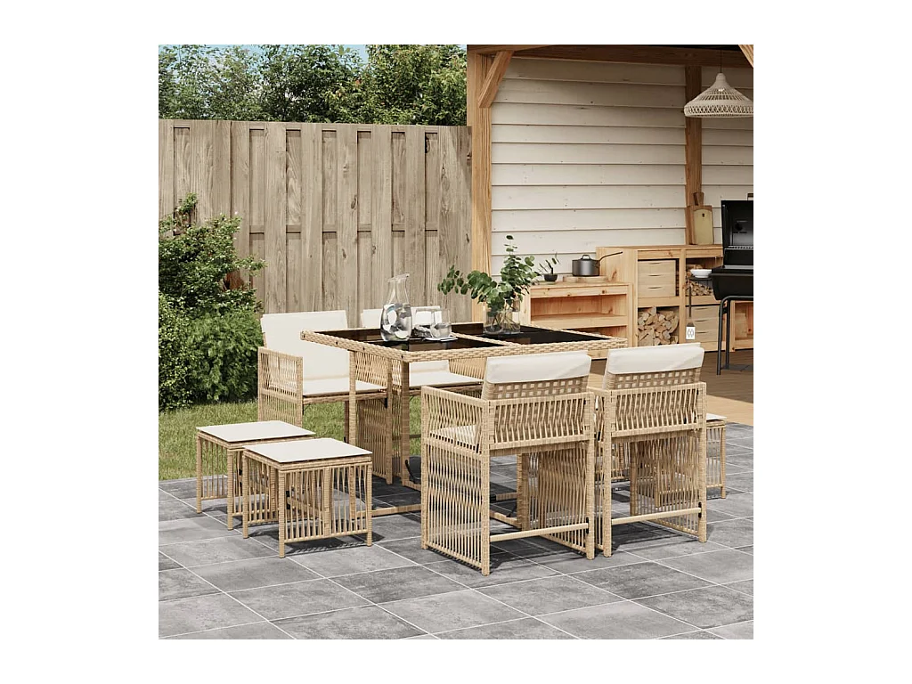 Ensemble à manger de jardin et coussins 9 pcs beige Poly rotin