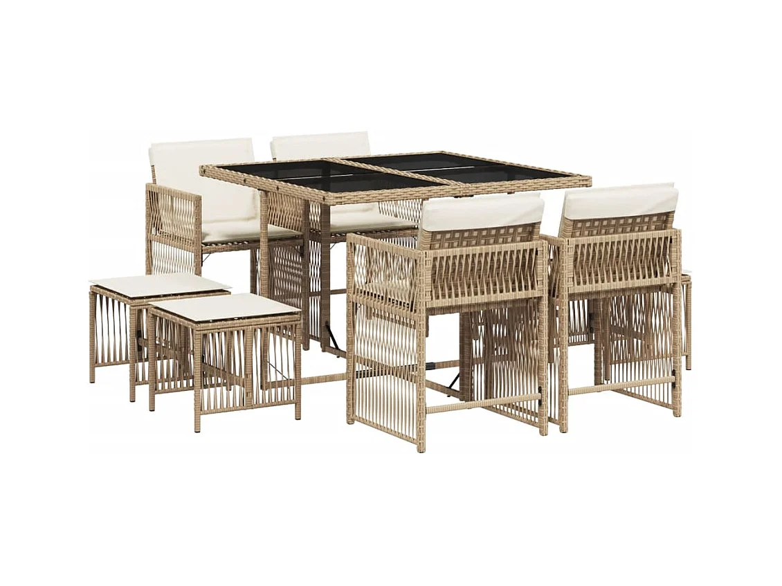 Ensemble à manger de jardin et coussins 9 pcs beige Poly rotin