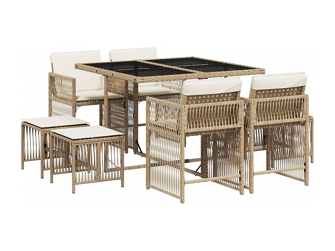 9-tlg. Garten-Essgruppe mit Kissen Beige Poly Rattan