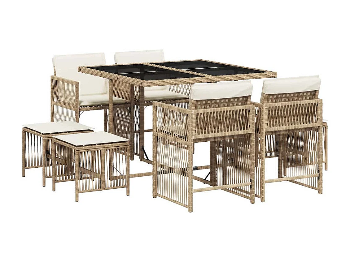 Set da Pranzo da Giardino 9 pz con Cuscini Beige in Polyrattan