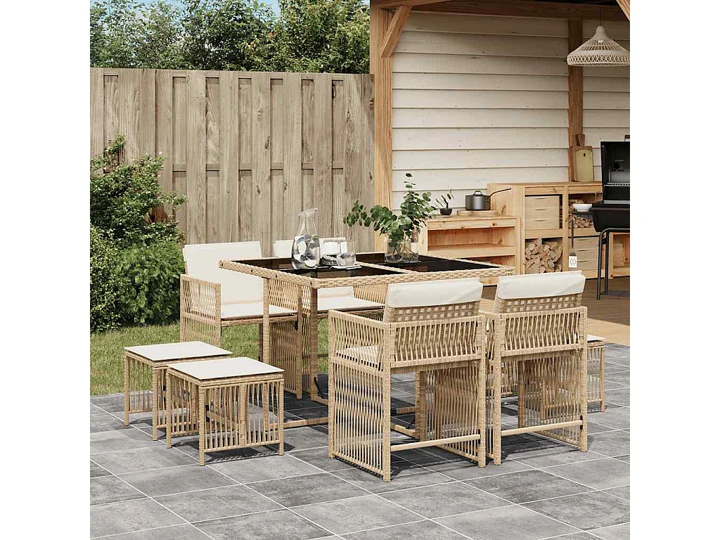 Ensemble à manger de jardin et coussins 9 pcs beige Poly rotin