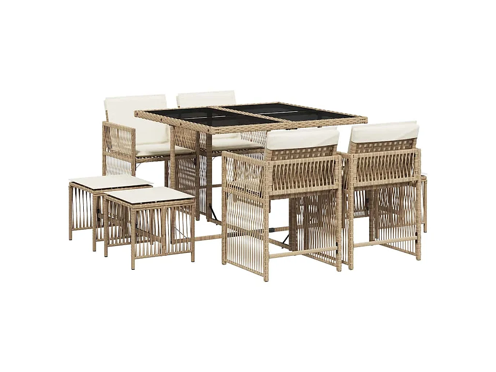 Ensemble à manger de jardin et coussins 9 pcs beige Poly rotin