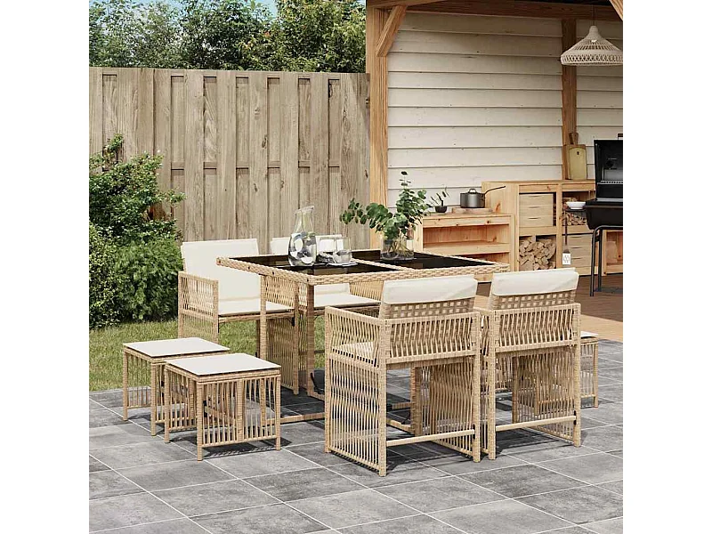 9-delige Tuinset met kussens poly rattan beige