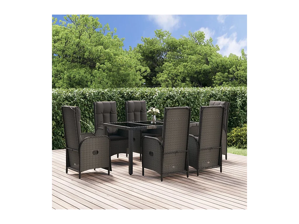 Ensemble à manger de jardin coussins 7pcs Noir Résine tressée