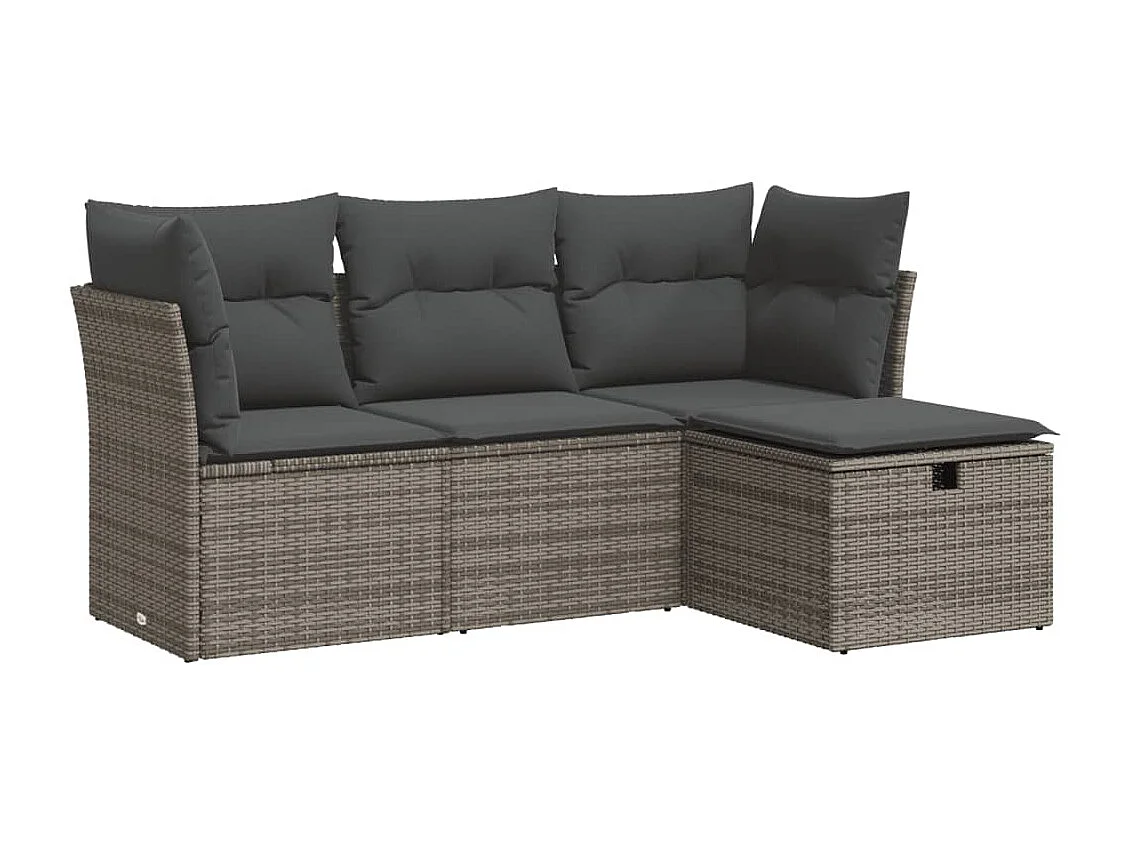 4 pcs conjunto sofás de jardim c/ almofadões vime PE cinzento