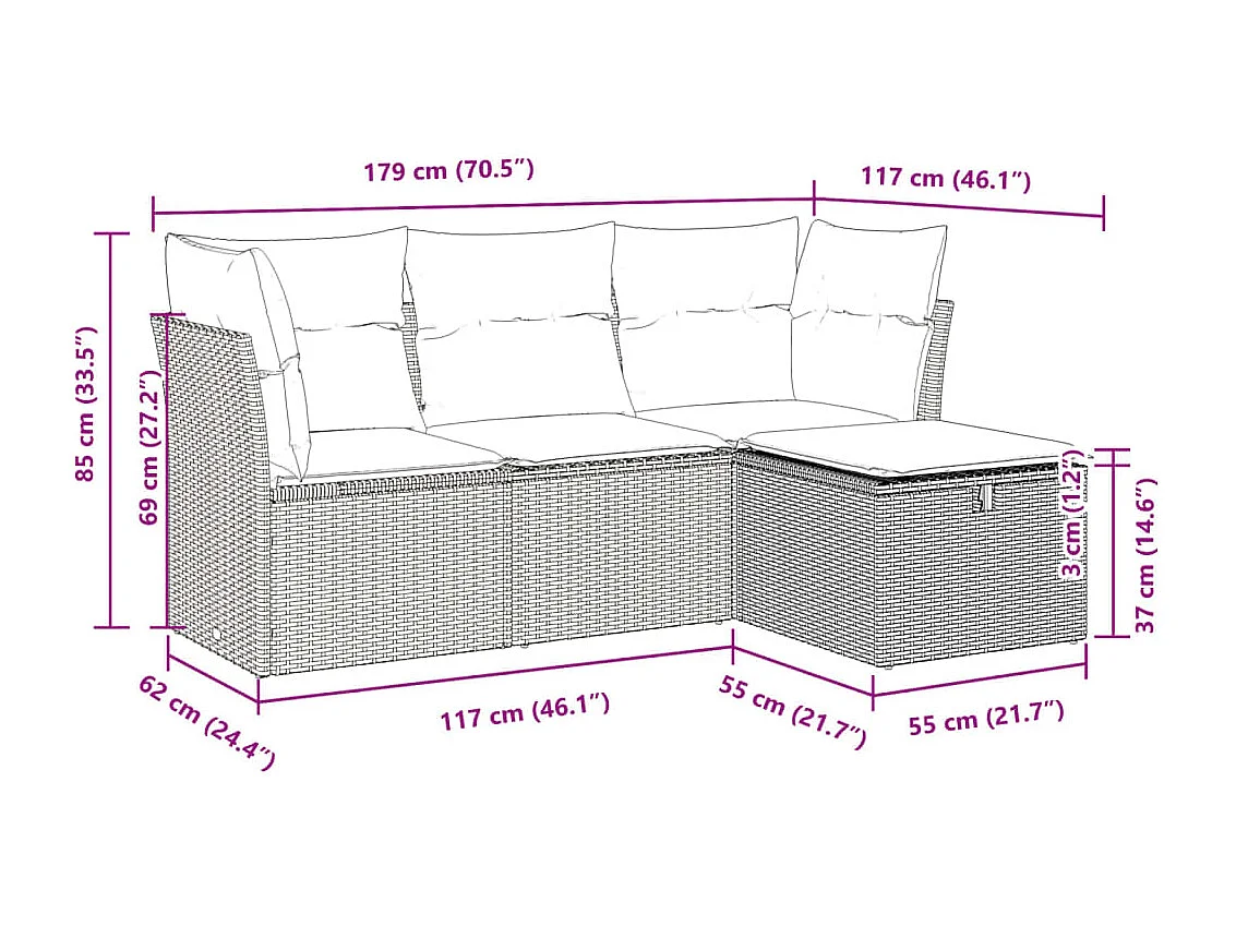 4 pcs conjunto sofás de jardim c/ almofadões vime PE cinzento