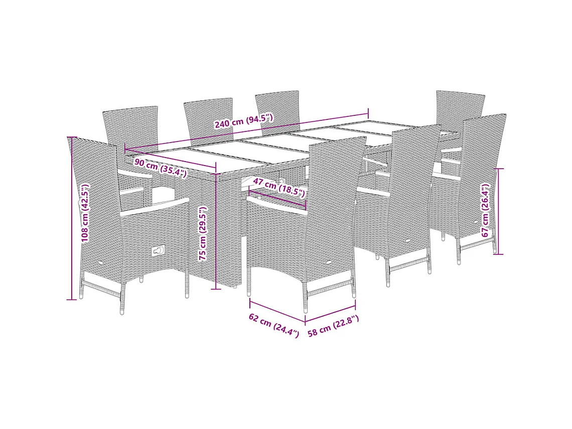 Ensemble à manger de jardin 9pcs coussins noir résine tressée