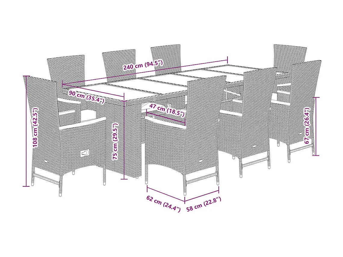 9 pcs conjunto de jantar p/ jardim c/ almofadões vime PE preto
