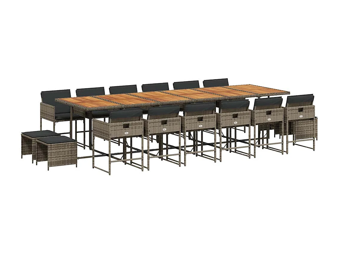 17 pcs conj. de jantar p/ jardim c/ almofadões vime PE cinzento