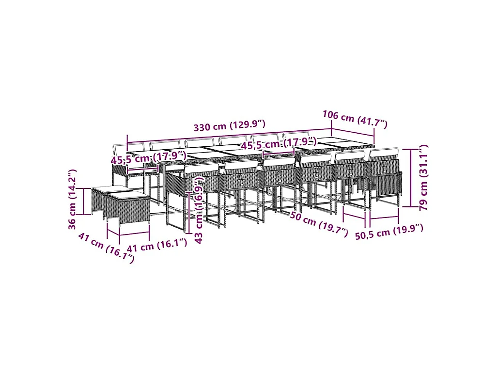 17-delige Tuinset met kussens poly rattan grijs