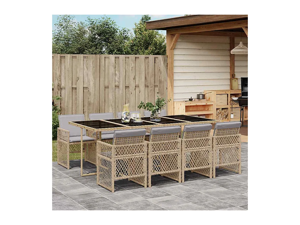 Ensemble à manger de jardin et coussins 9 pcs beige Poly rotin