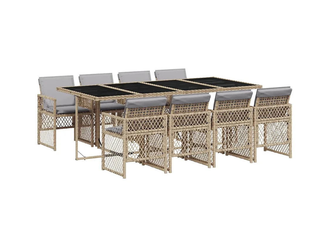 Ensemble à manger de jardin et coussins 9 pcs beige Poly rotin