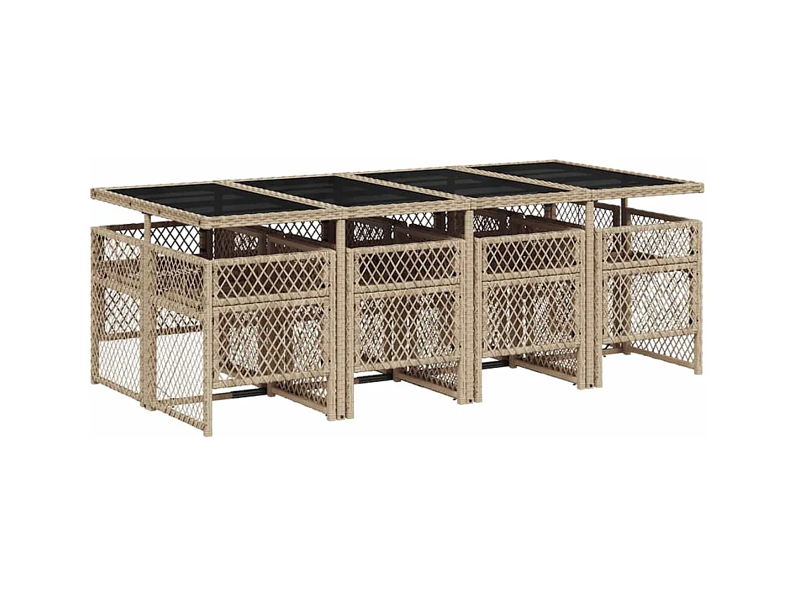 Ensemble à manger de jardin et coussins 9 pcs beige Poly rotin