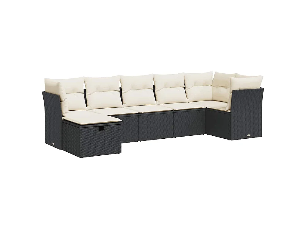 7-delige Loungeset met kussens poly rattan zwart
