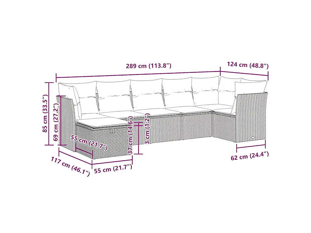 7-delige Loungeset met kussens poly rattan zwart