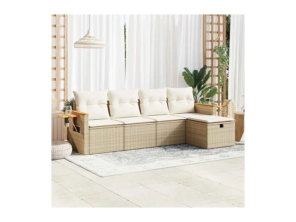 5-tlg. Garten-Sofagarnitur mit Kissen Beige Poly Rattan