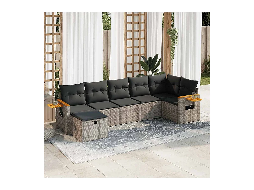 7-delige Loungeset met kussens poly rattan grijs