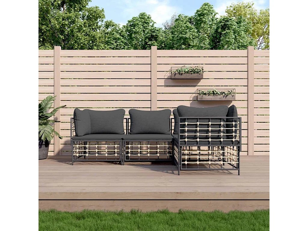 4-tlg. Garten-Lounge-Set mit Kissen Anthrazit Poly Rattan