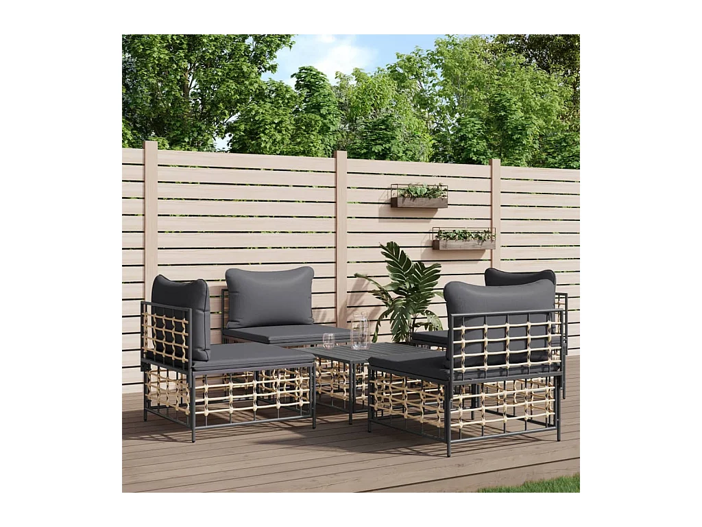 Salon de jardin 5 pcs avec coussins anthracite résine tressée