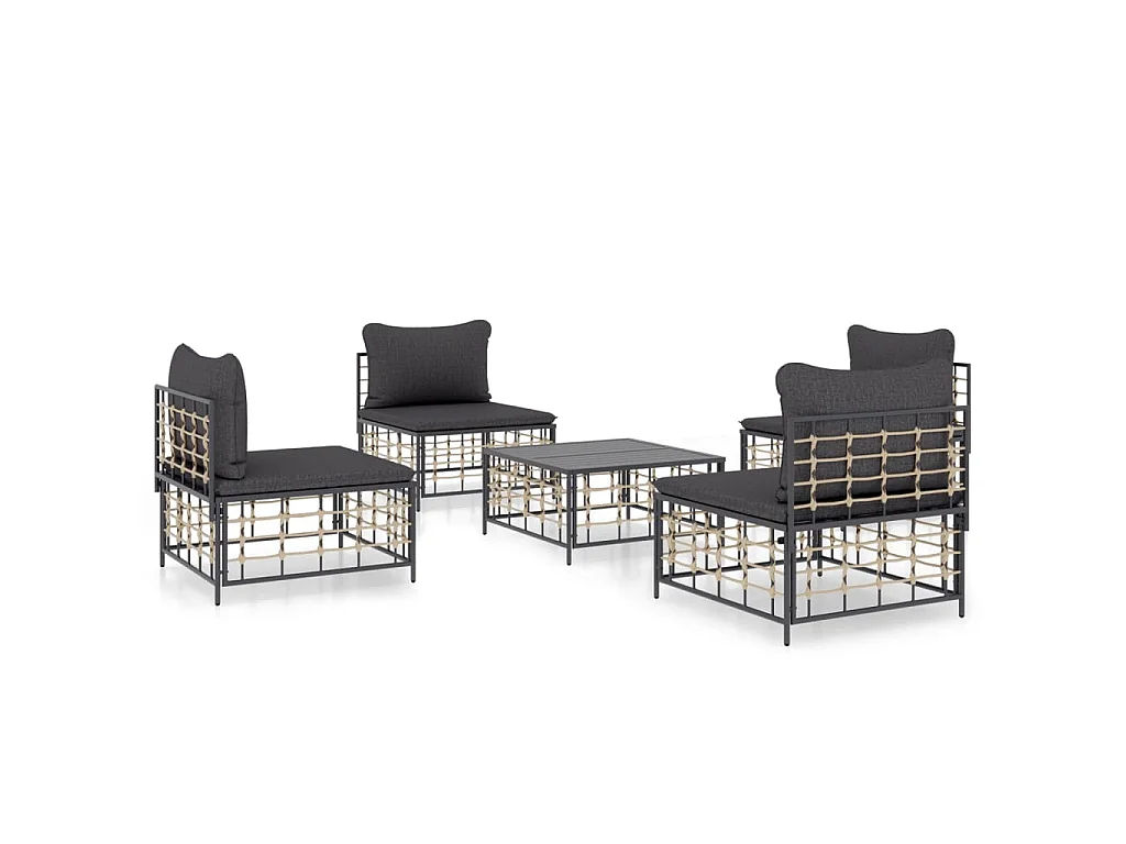 5-delige Loungeset met kussens poly rattan antracietkleurig