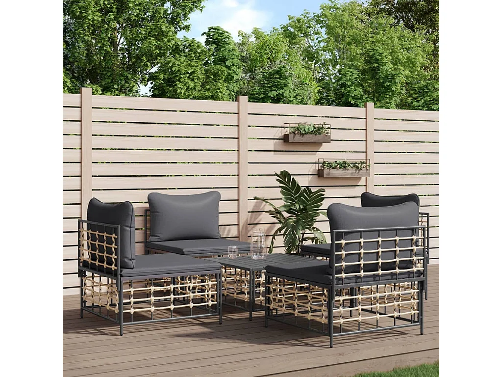 5-delige Loungeset met kussens poly rattan antracietkleurig