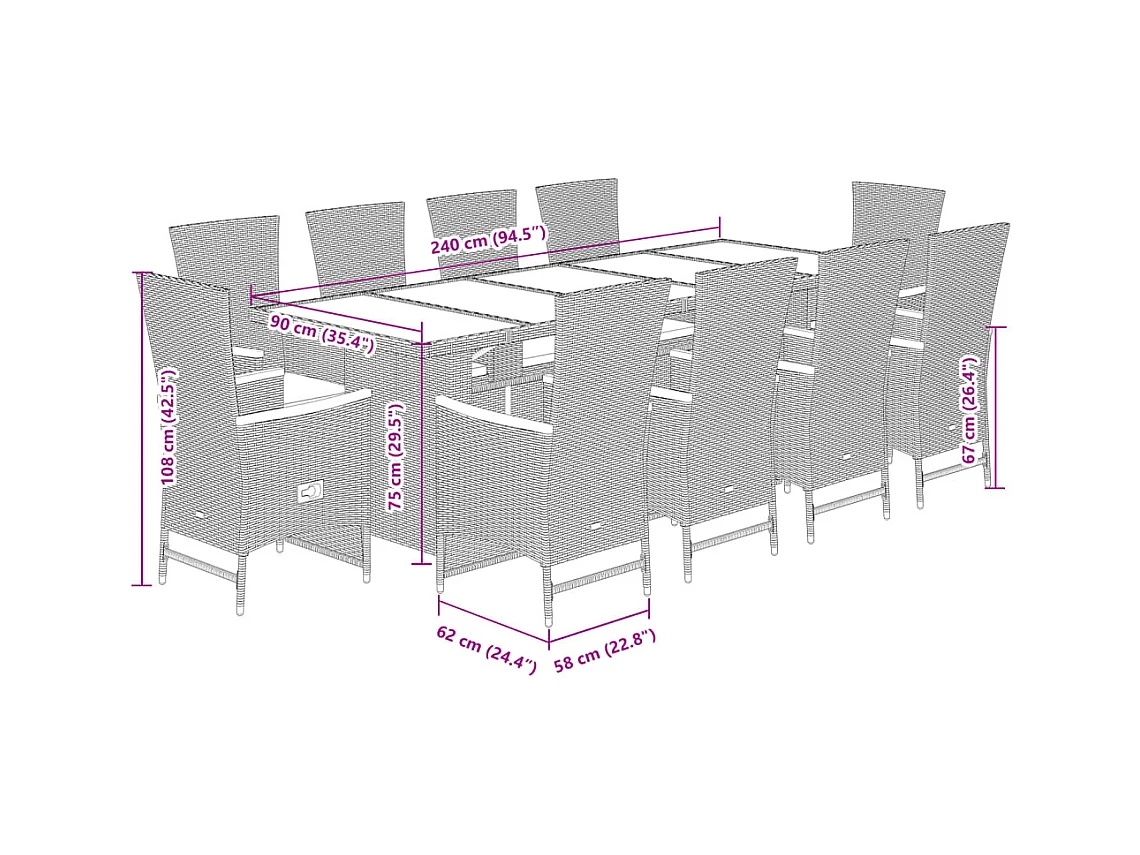 Ensemble à manger de jardin 11pcs avec coussins gris poly rotin