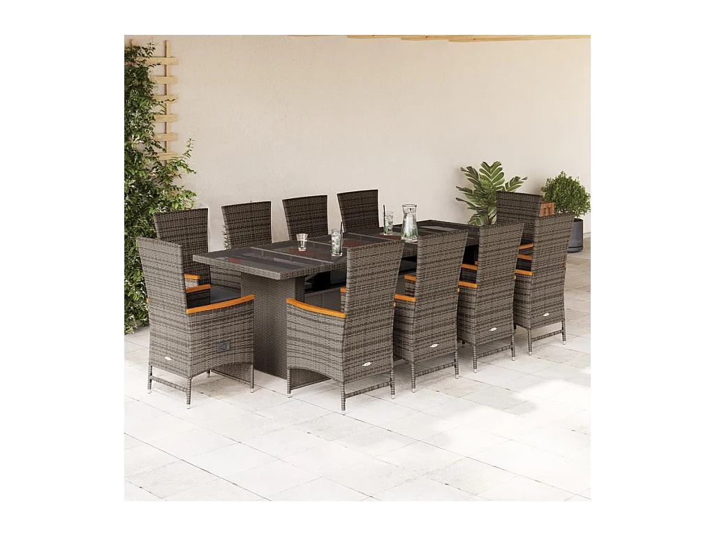 Set de comedor de jardín 11 pzas y cojines ratán sintético gris