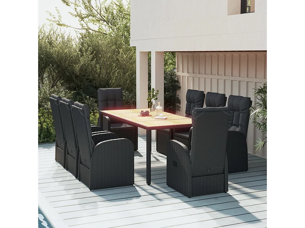 Ensemble à manger de jardin 9pcs coussins noir résine tressée