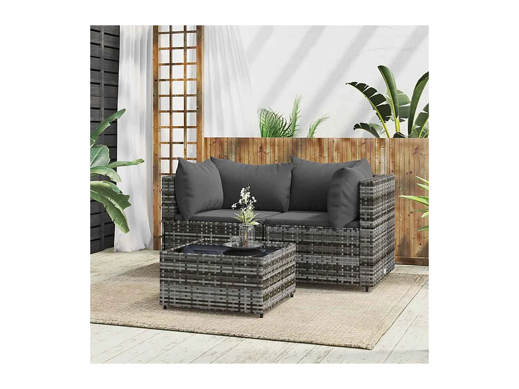 Salon de jardin 3 pcs avec coussins Gris Résine tressée