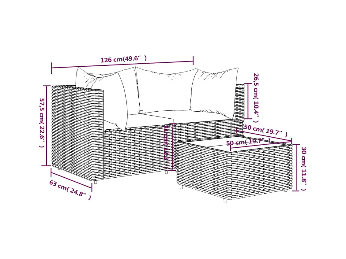 Salon de jardin 3 pcs avec coussins Gris Résine tressée