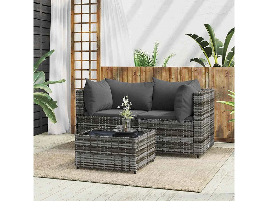 Salon de jardin 3 pcs avec coussins Gris Résine tressée