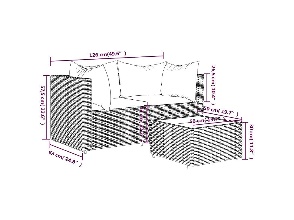 Salon de jardin 3 pcs avec coussins Gris Résine tressée