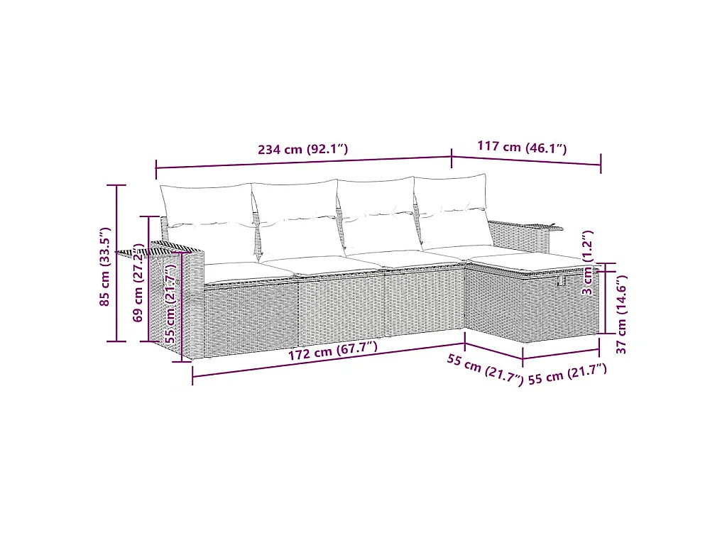5-delige Loungeset met kussens poly rattan zwart